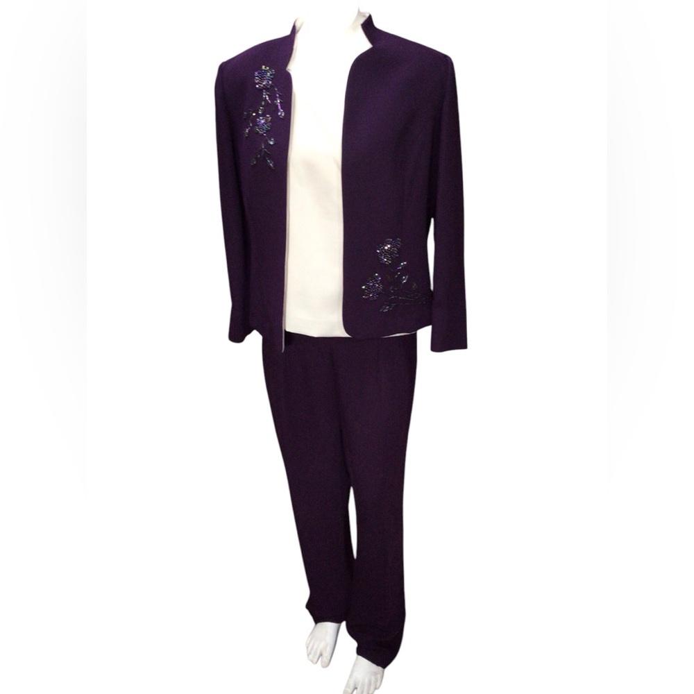 Coldwater Creek Elegant Cream and Purple 3 Piece Pants Suit Set EUC size 14P